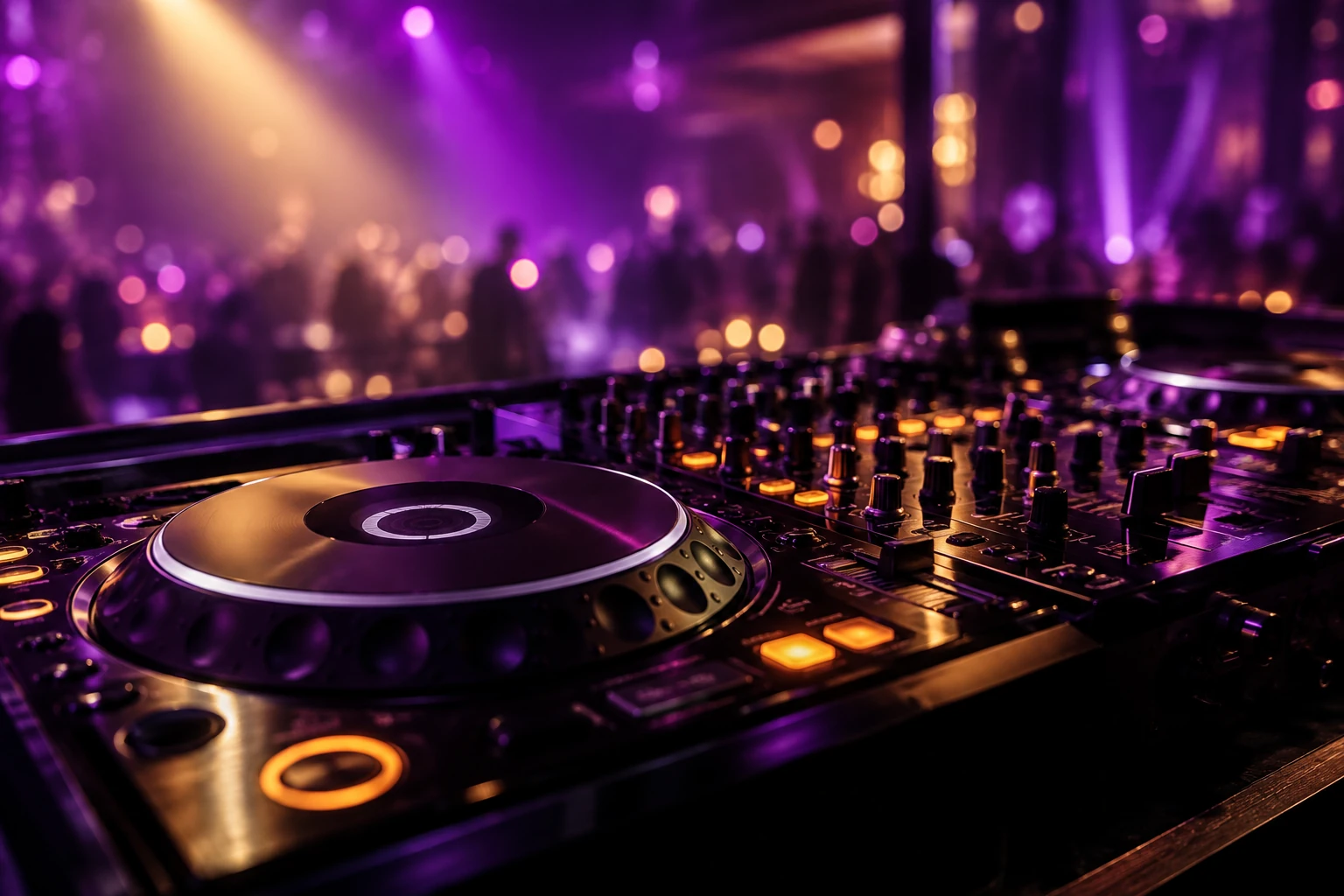 클럽 조명 아래 DJ 장비. AI 홍보 콘셉트